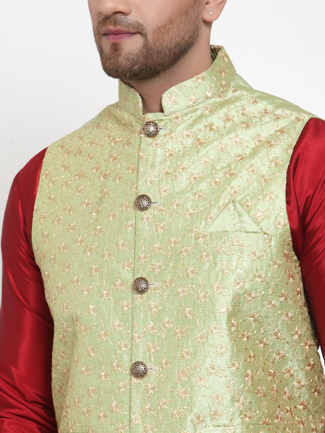 Jompers Men's Solid Dupion Kurta Pajama with Embroidered Nehru Jacket ( JOKPWC M-D 4015Green )