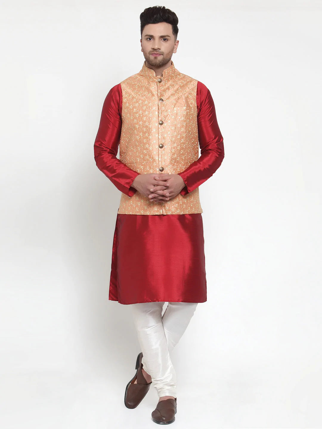 Jompers Men's Solid Dupion Kurta Pajama with Embroidered Nehru Jacket ( JOKPWC M-D 4015Peach )