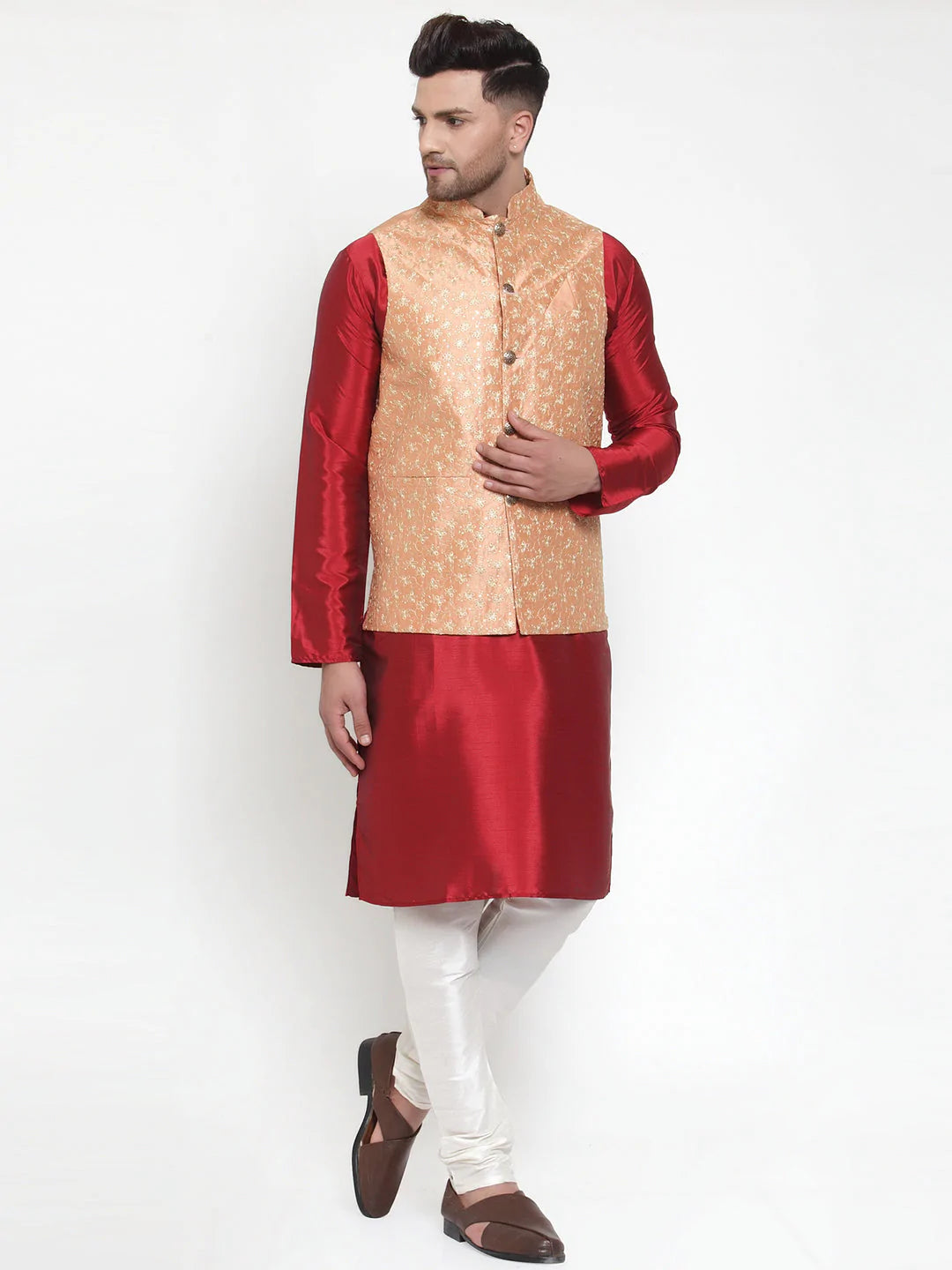 Jompers Men's Solid Dupion Kurta Pajama with Embroidered Nehru Jacket ( JOKPWC M-D 4015Peach )