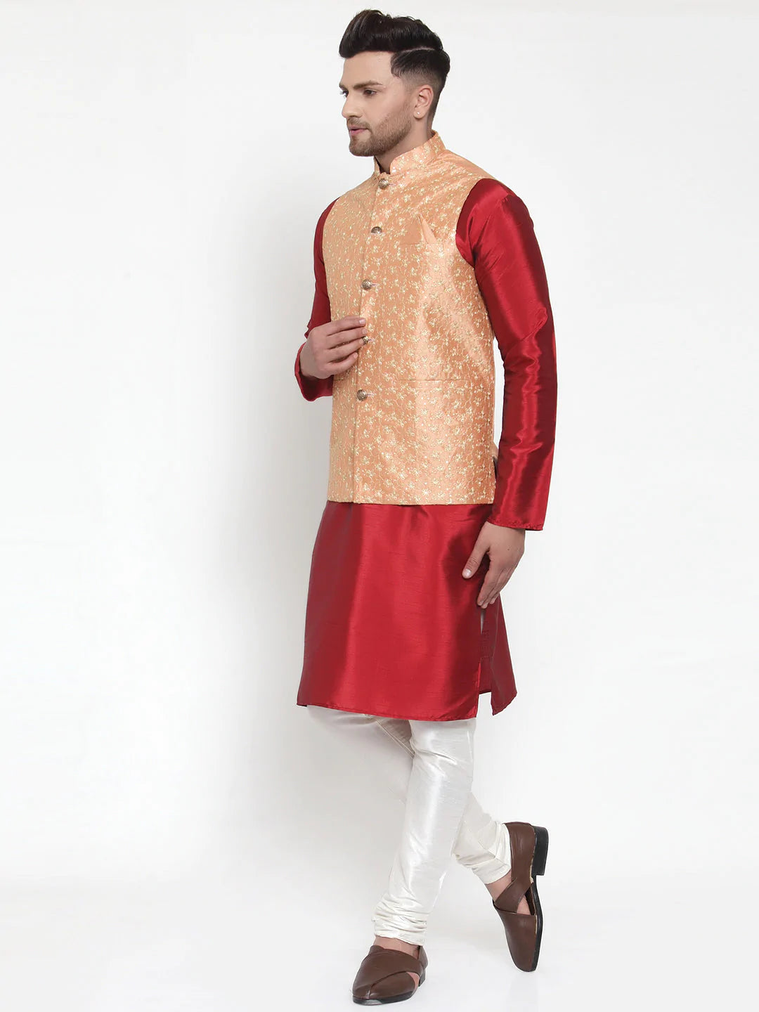 Jompers Men's Solid Dupion Kurta Pajama with Embroidered Nehru Jacket ( JOKPWC M-D 4015Peach )