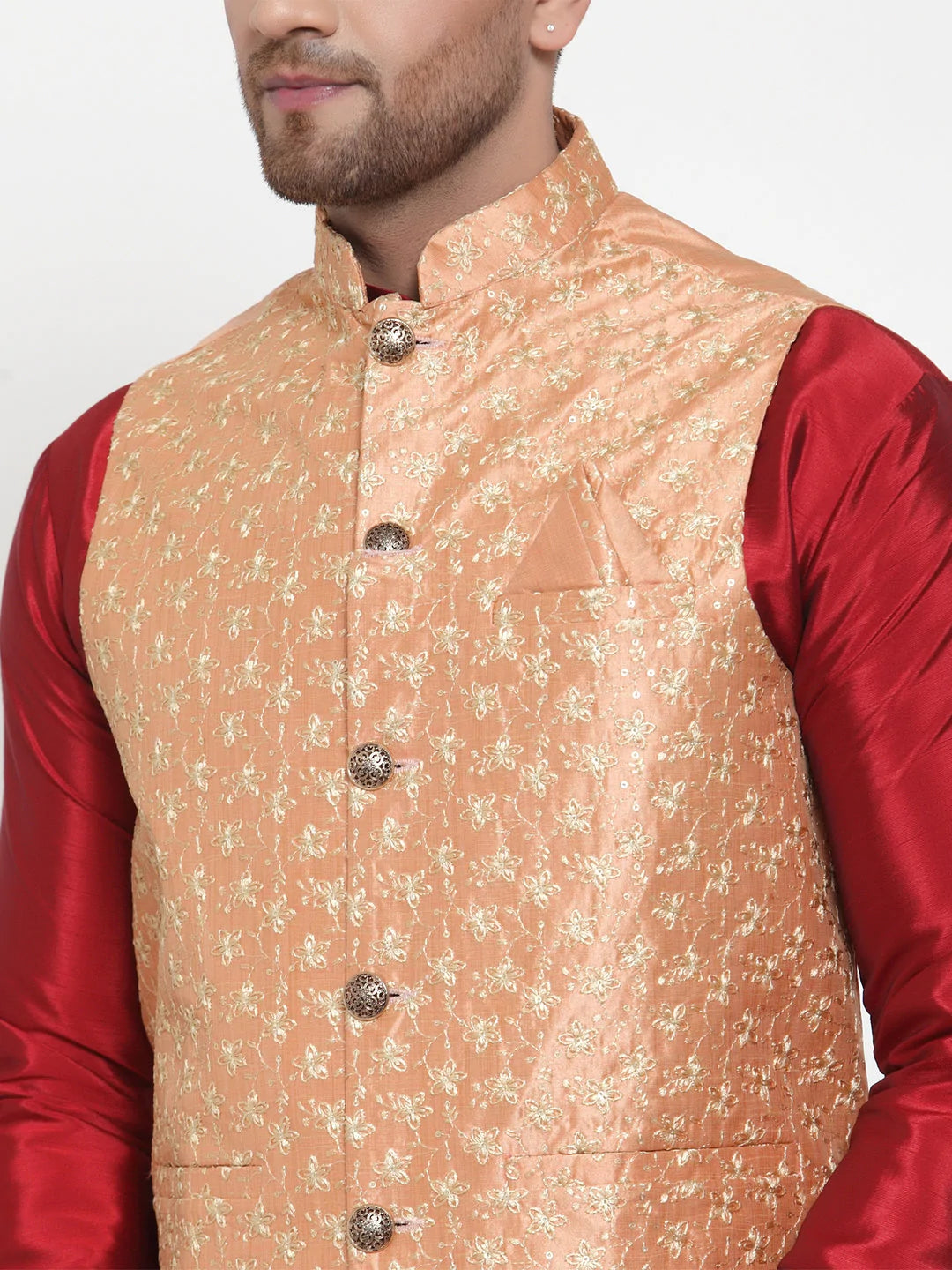 Jompers Men's Solid Dupion Kurta Pajama with Embroidered Nehru Jacket ( JOKPWC M-D 4015Peach )