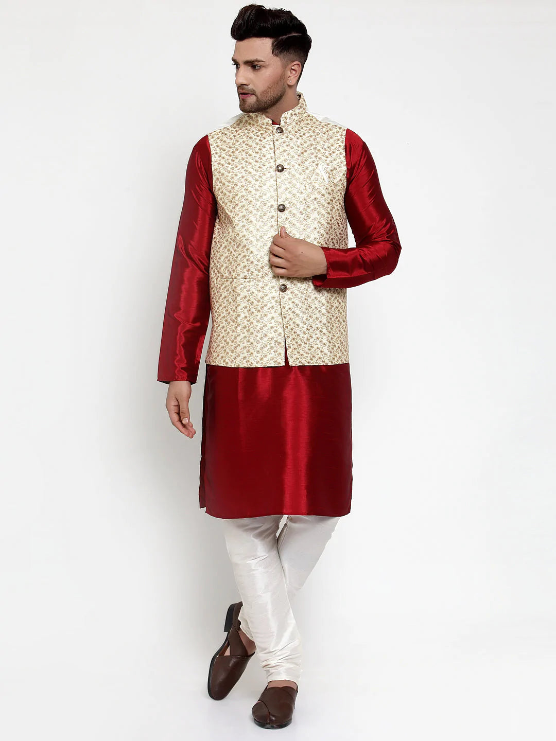Jompers Men's Solid Dupion Kurta Pajama with Embroidered Nehru Jacket ( JOKPWC M-D 4016Cream )