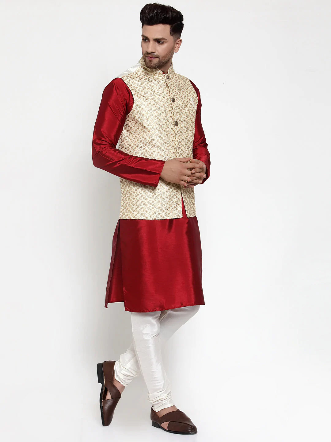 Jompers Men's Solid Dupion Kurta Pajama with Embroidered Nehru Jacket ( JOKPWC M-D 4016Cream )