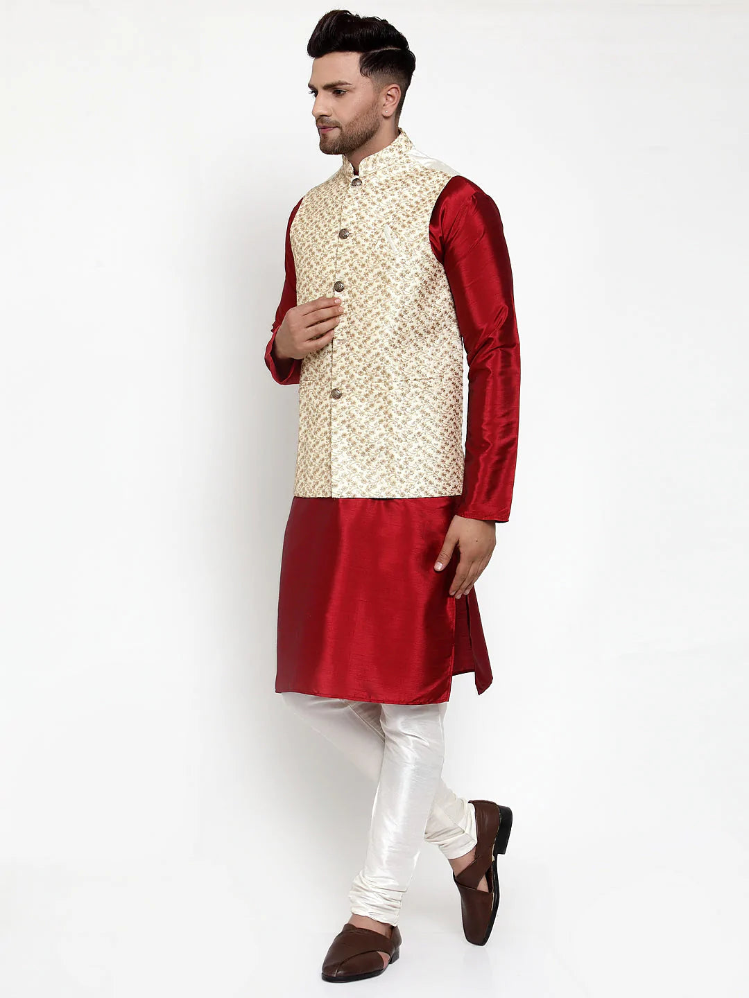 Jompers Men's Solid Dupion Kurta Pajama with Embroidered Nehru Jacket ( JOKPWC M-D 4016Cream )
