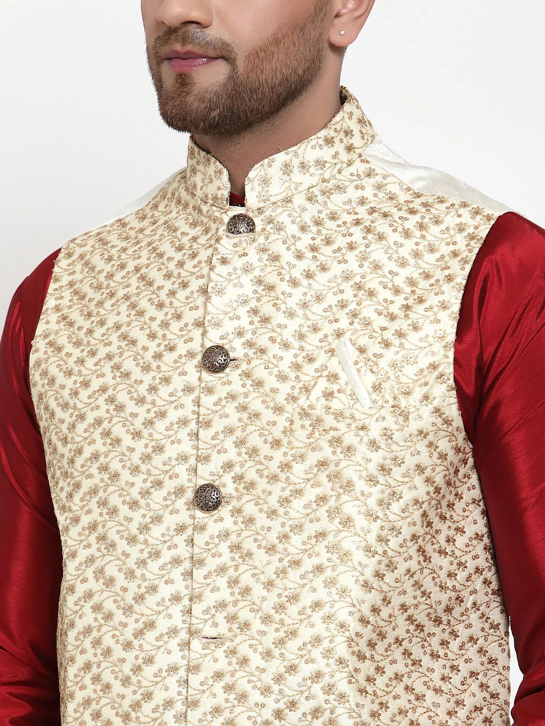 Jompers Men's Solid Dupion Kurta Pajama with Embroidered Nehru Jacket ( JOKPWC M-D 4016Cream )