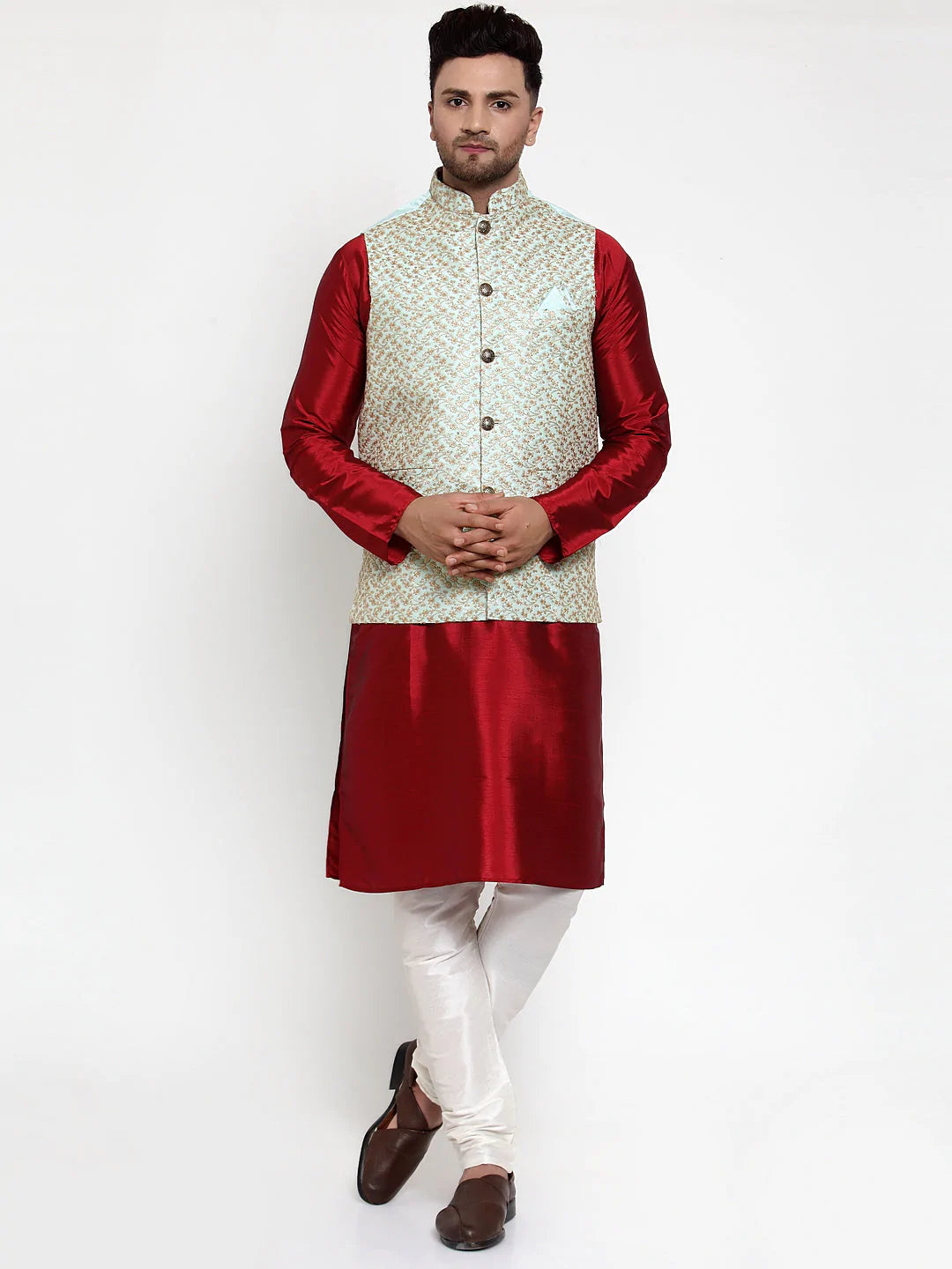Jompers Men's Solid Dupion Kurta Pajama with Embroidered Nehru Jacket ( JOKPWC M-D 4016Sky )