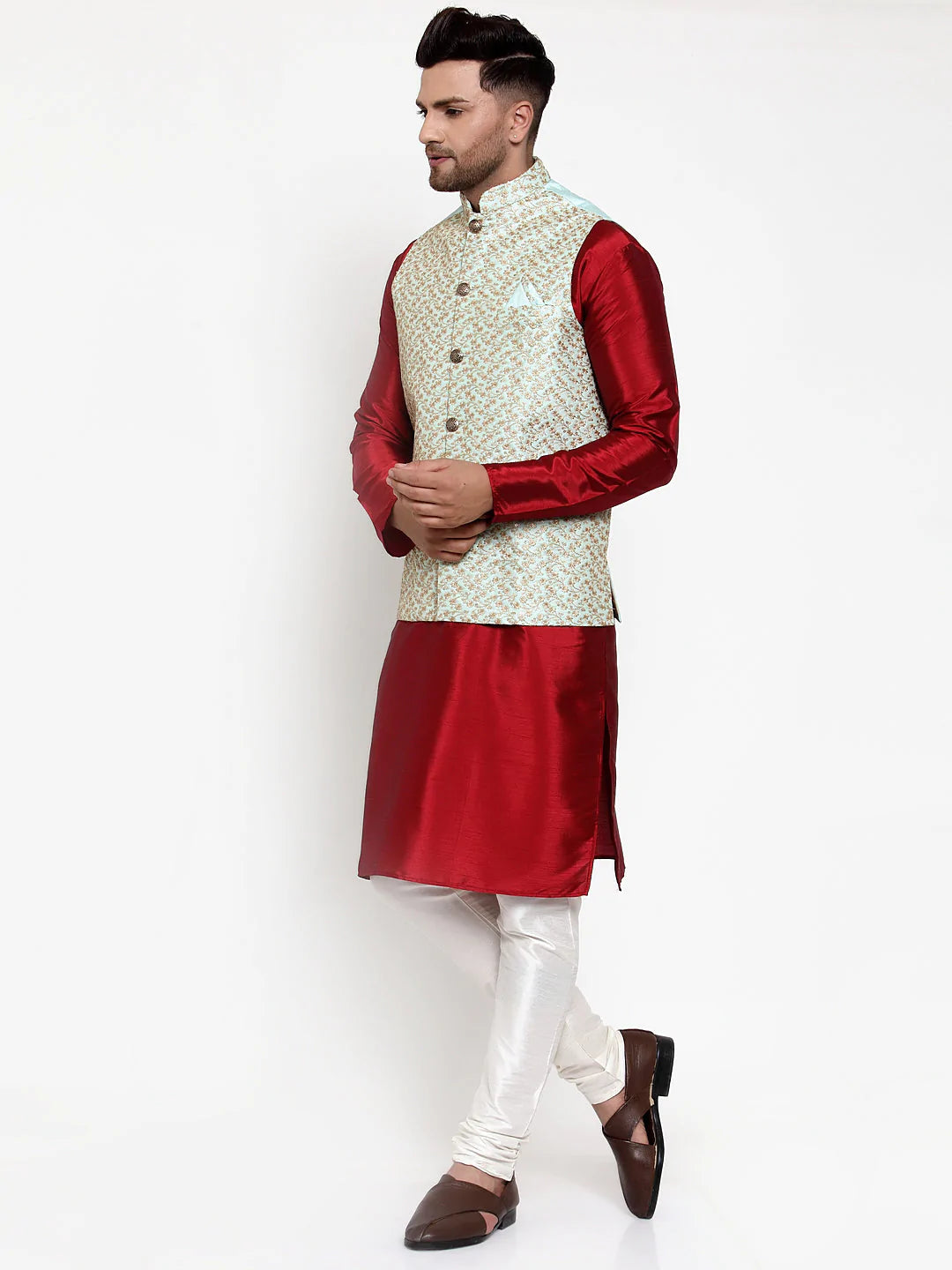 Jompers Men's Solid Dupion Kurta Pajama with Embroidered Nehru Jacket ( JOKPWC M-D 4016Sky )