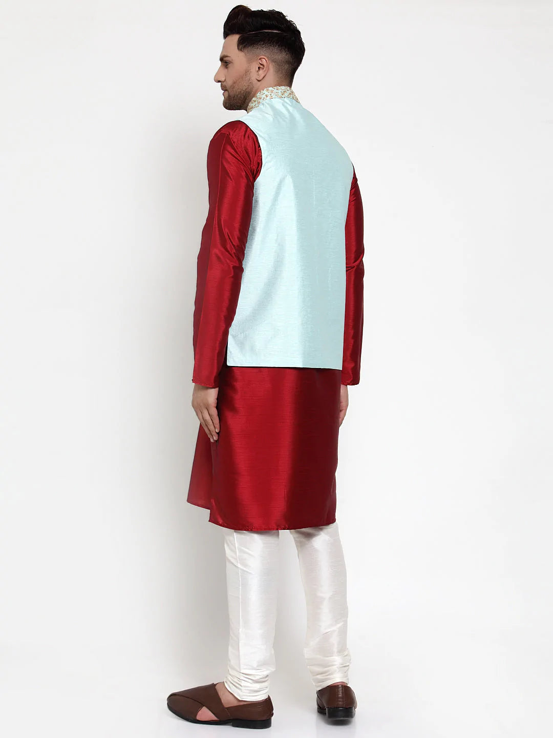 Jompers Men's Solid Dupion Kurta Pajama with Embroidered Nehru Jacket ( JOKPWC M-D 4016Sky )