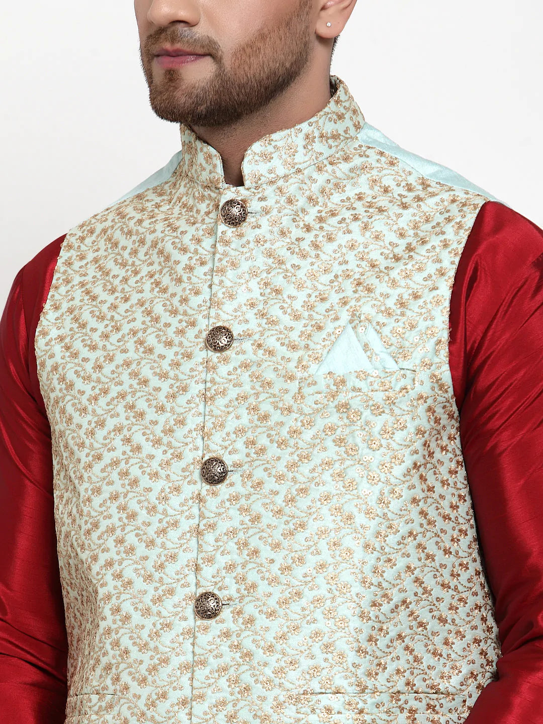 Jompers Men's Solid Dupion Kurta Pajama with Embroidered Nehru Jacket ( JOKPWC M-D 4016Sky )