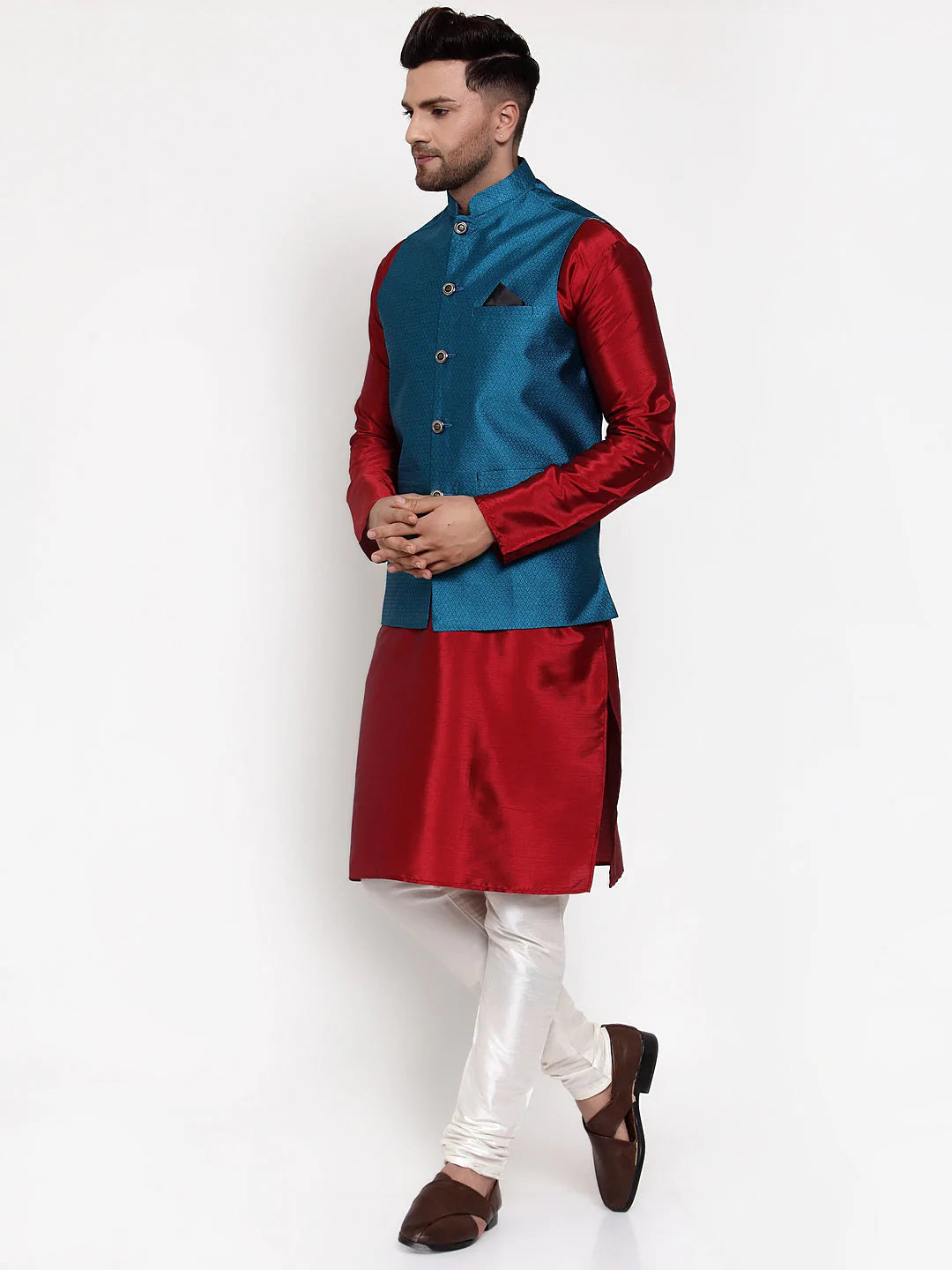 Jompers Men's Solid Dupion Kurta Pajama with Woven Nehru Jacket ( JOKPWC M-D 4017Blue )