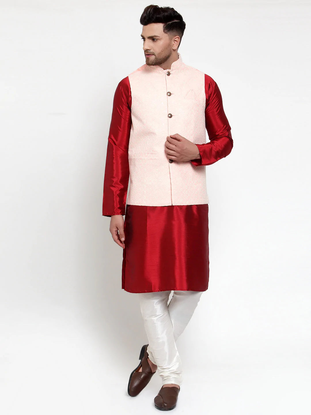 Jompers Men's Solid Dupion Kurta Pajama with Embroiderd Nehru Jacket ( JOKPWC M-D 4018Pink )