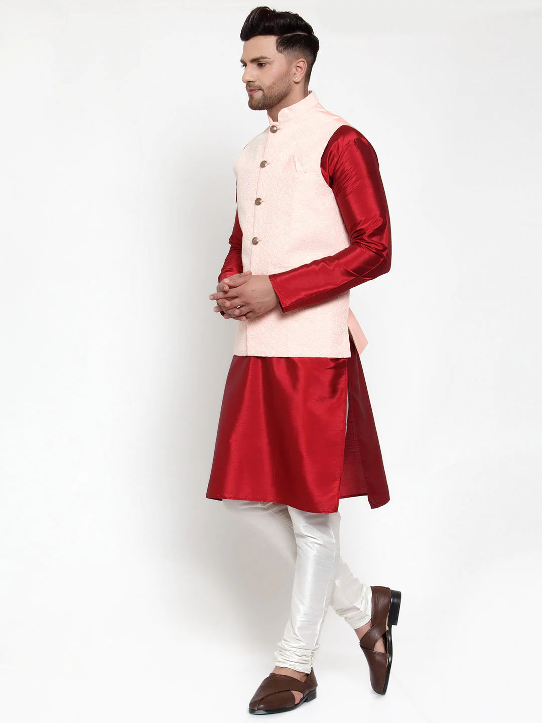 Jompers Men's Solid Dupion Kurta Pajama with Embroiderd Nehru Jacket ( JOKPWC M-D 4018Pink )