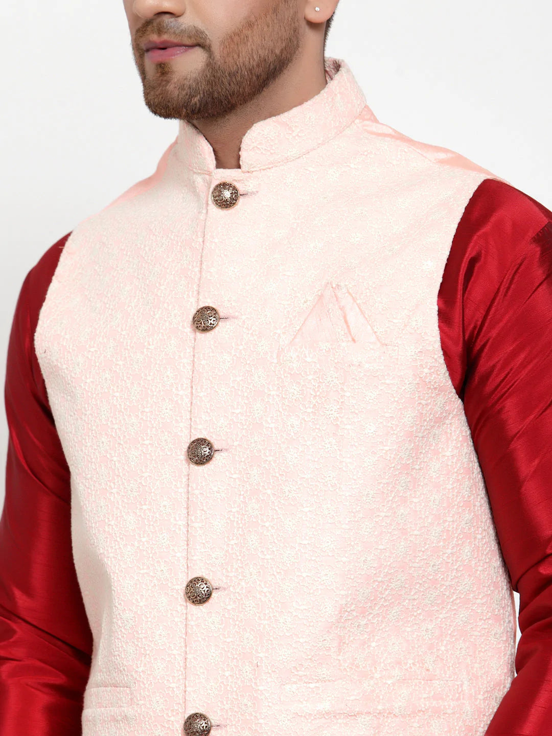 Jompers Men's Solid Dupion Kurta Pajama with Embroiderd Nehru Jacket ( JOKPWC M-D 4018Pink )