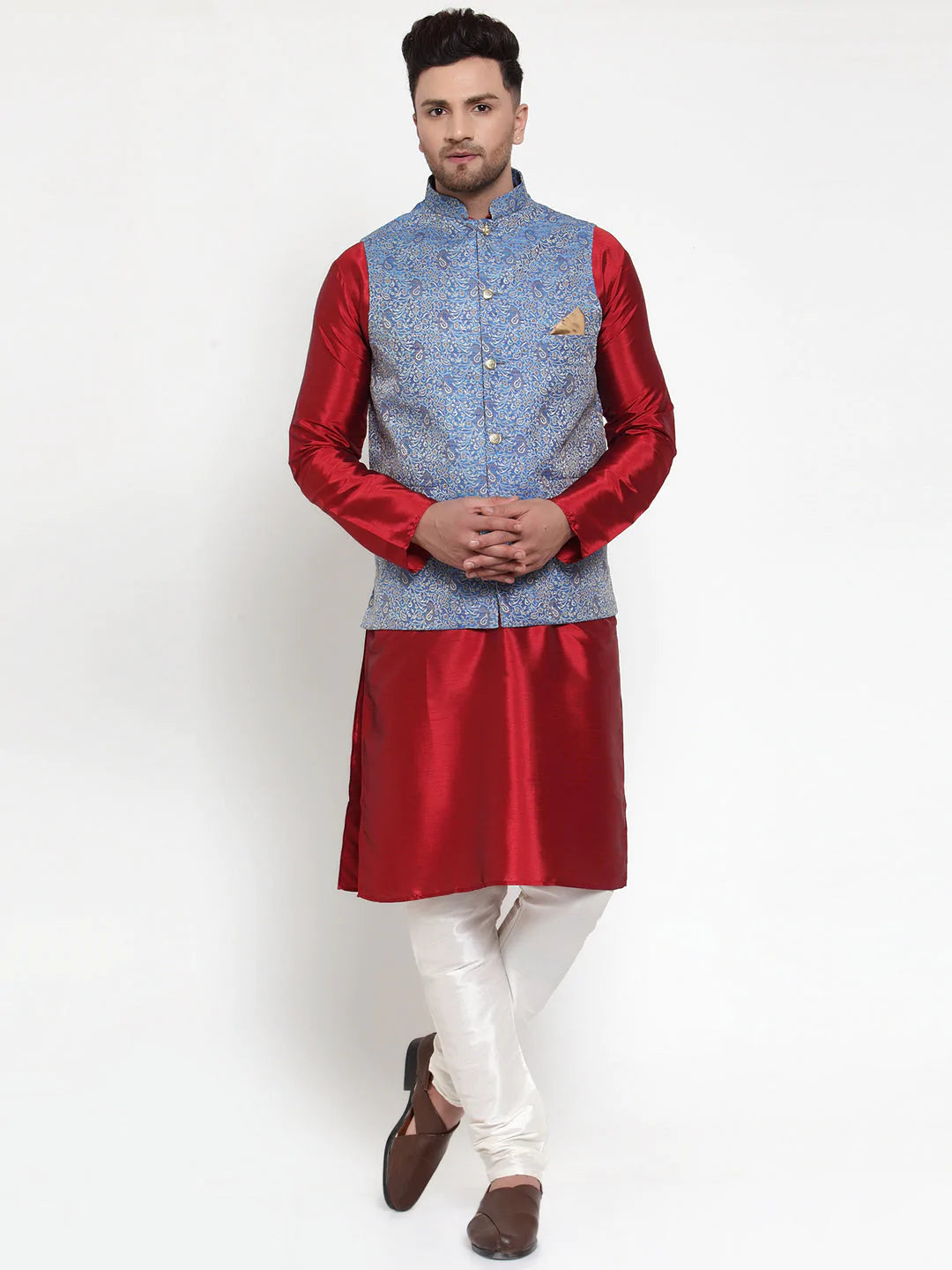 Jompers Men's Solid Dupion Kurta Pajama with Woven Jacqaurd Nehru Jacket ( JOKPWC M-D 4020Blue )