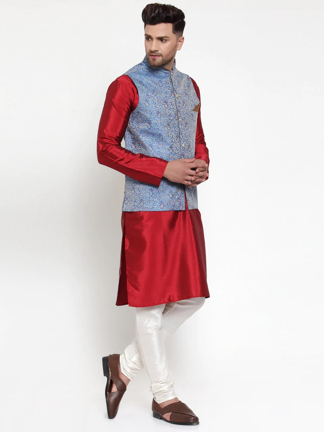 Jompers Men's Solid Dupion Kurta Pajama with Woven Jacqaurd Nehru Jacket ( JOKPWC M-D 4020Blue )