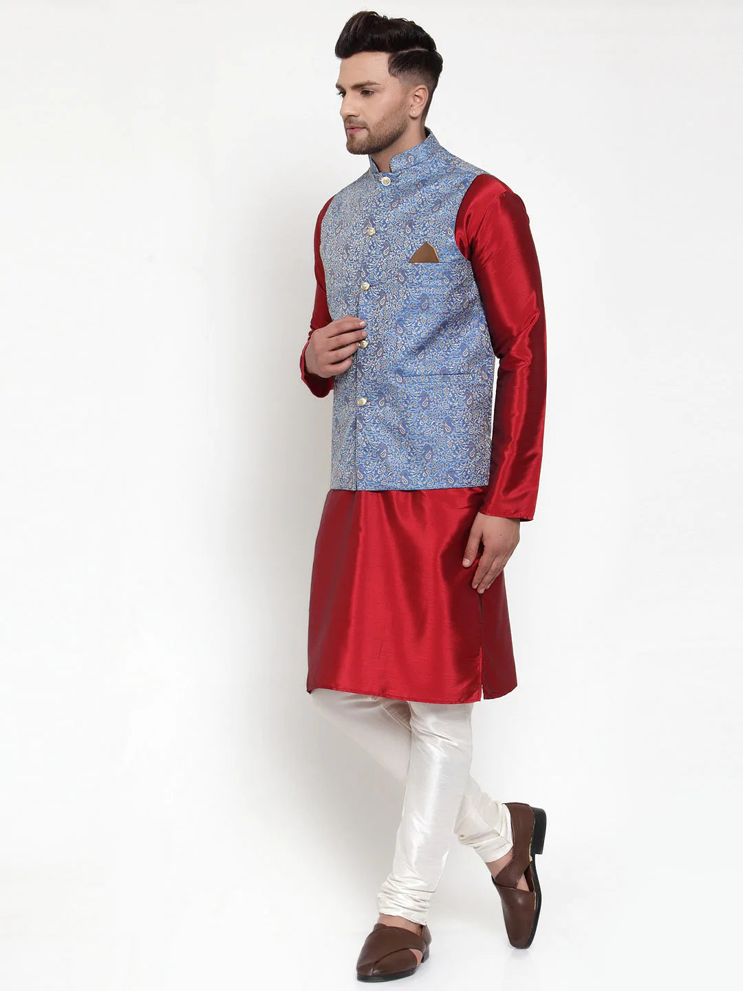 Jompers Men's Solid Dupion Kurta Pajama with Woven Jacqaurd Nehru Jacket ( JOKPWC M-D 4020Blue )