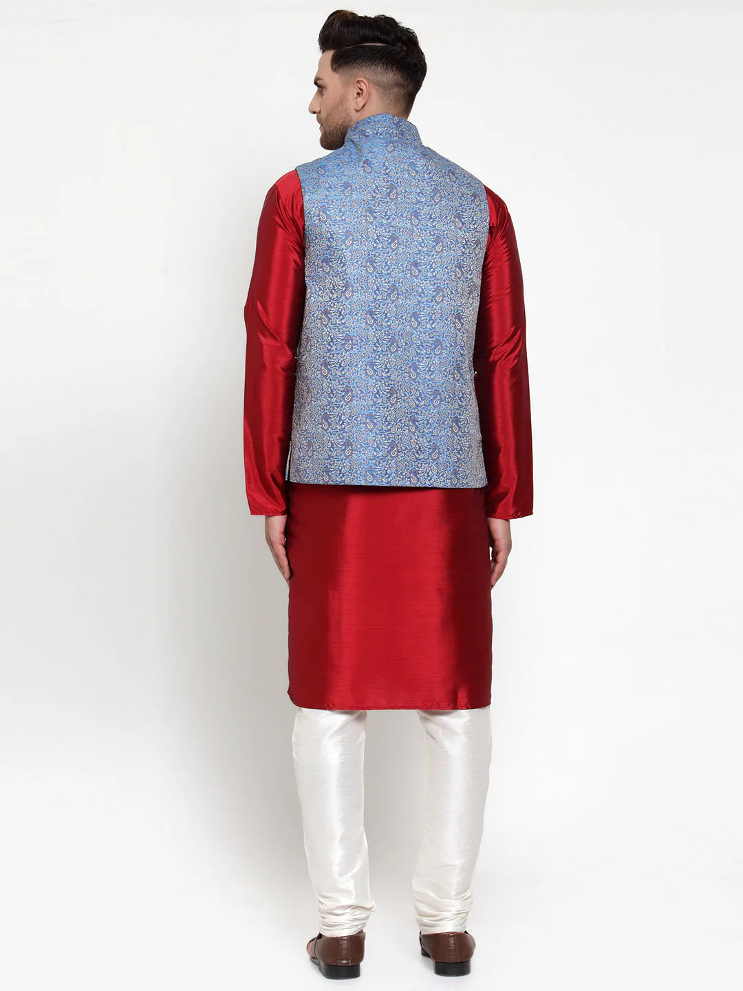 Jompers Men's Solid Dupion Kurta Pajama with Woven Jacqaurd Nehru Jacket ( JOKPWC M-D 4020Blue )