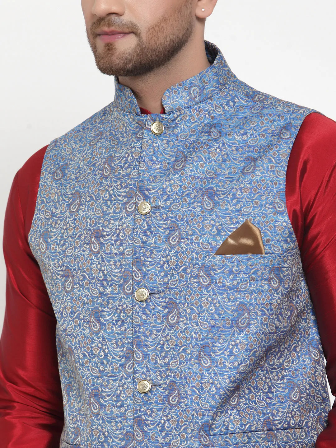 Jompers Men's Solid Dupion Kurta Pajama with Woven Jacqaurd Nehru Jacket ( JOKPWC M-D 4020Blue )