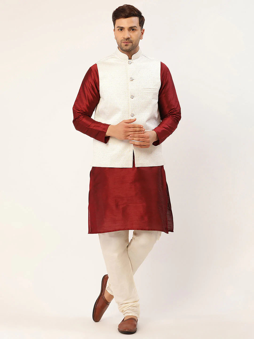 Men's Solid Kurta Pyjama With White Embroidered Nehru Jacket( JOKPWC M-D 4036White )