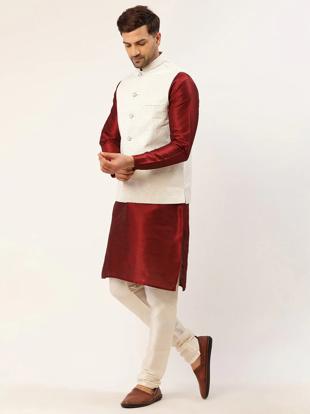 Men's Solid Kurta Pyjama With White Embroidered Nehru Jacket( JOKPWC M-D 4036White )