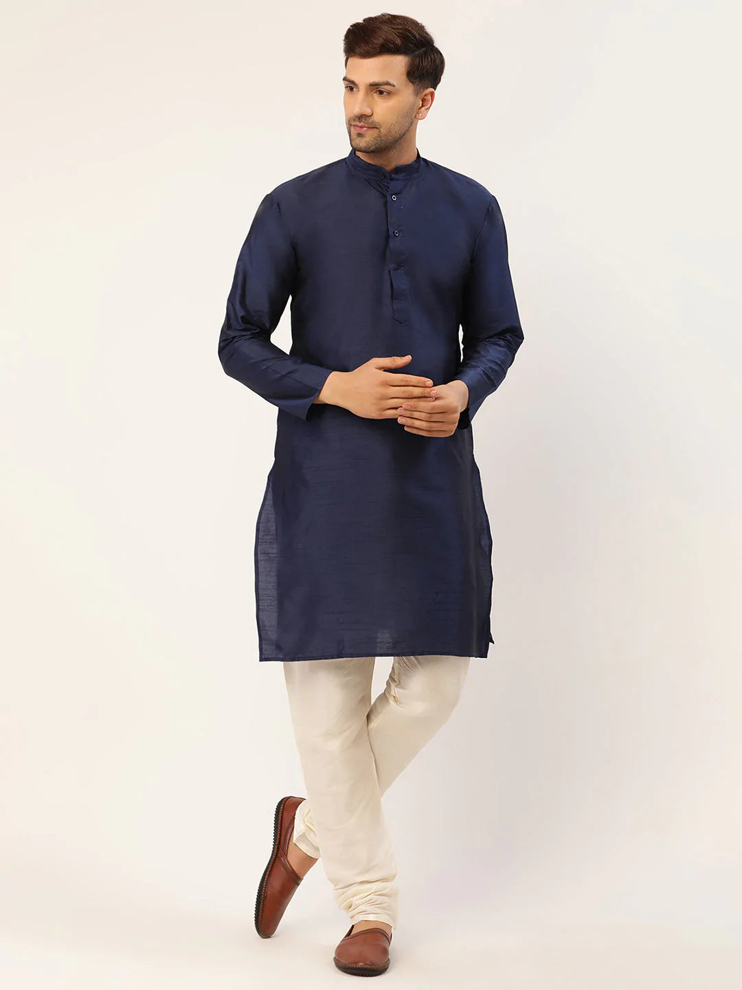Men's Solid Kurta Pyjama With Blue Woven Design Nehru Jacket( JOKPWC N-D 4037Blue )