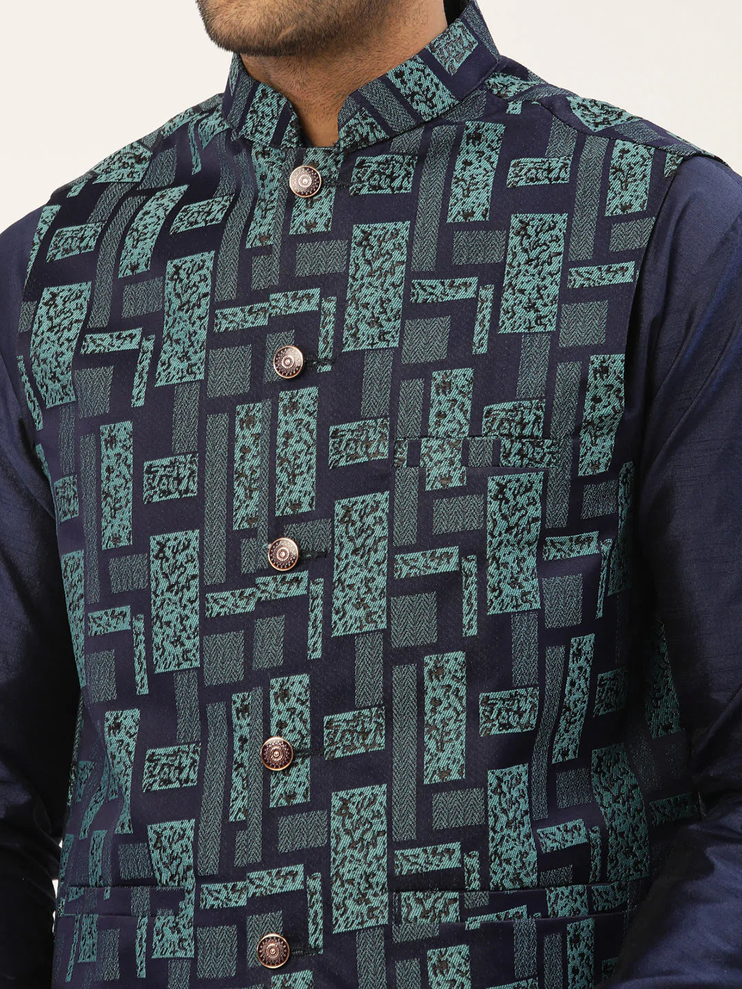 Men's Solid Kurta Pyjama With Blue Woven Design Nehru Jacket( JOKPWC N-D 4037Blue )
