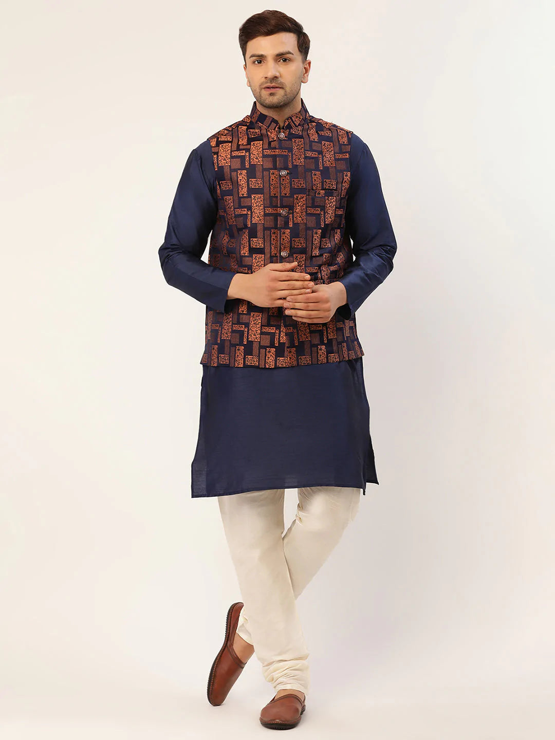 Men's Solid Kurta Pyjama With Bronze Woven Design Nehru Jacket( JOKPWC N-D 4037Bronze )