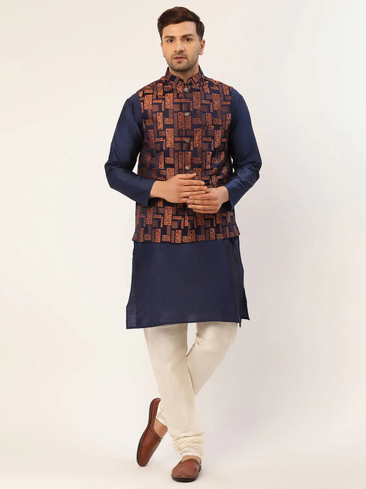 Men's Solid Kurta Pyjama With Bronze Woven Design Nehru Jacket( JOKPWC N-D 4037Bronze )