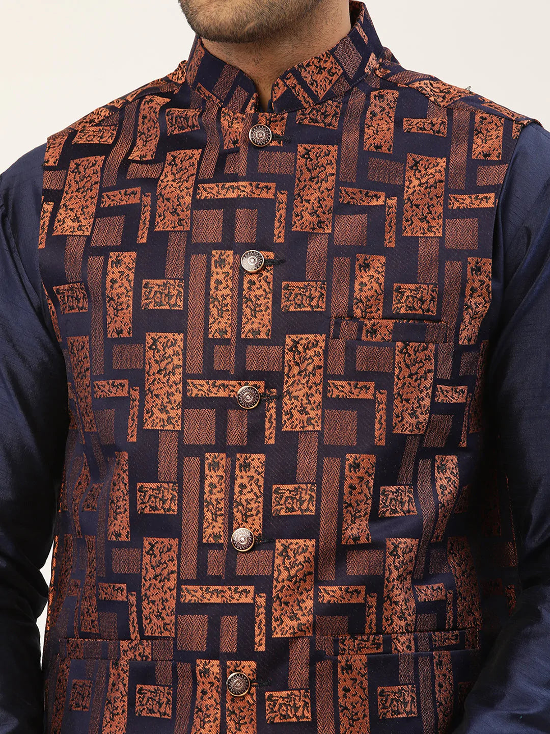Men's Solid Kurta Pyjama With Bronze Woven Design Nehru Jacket( JOKPWC N-D 4037Bronze )