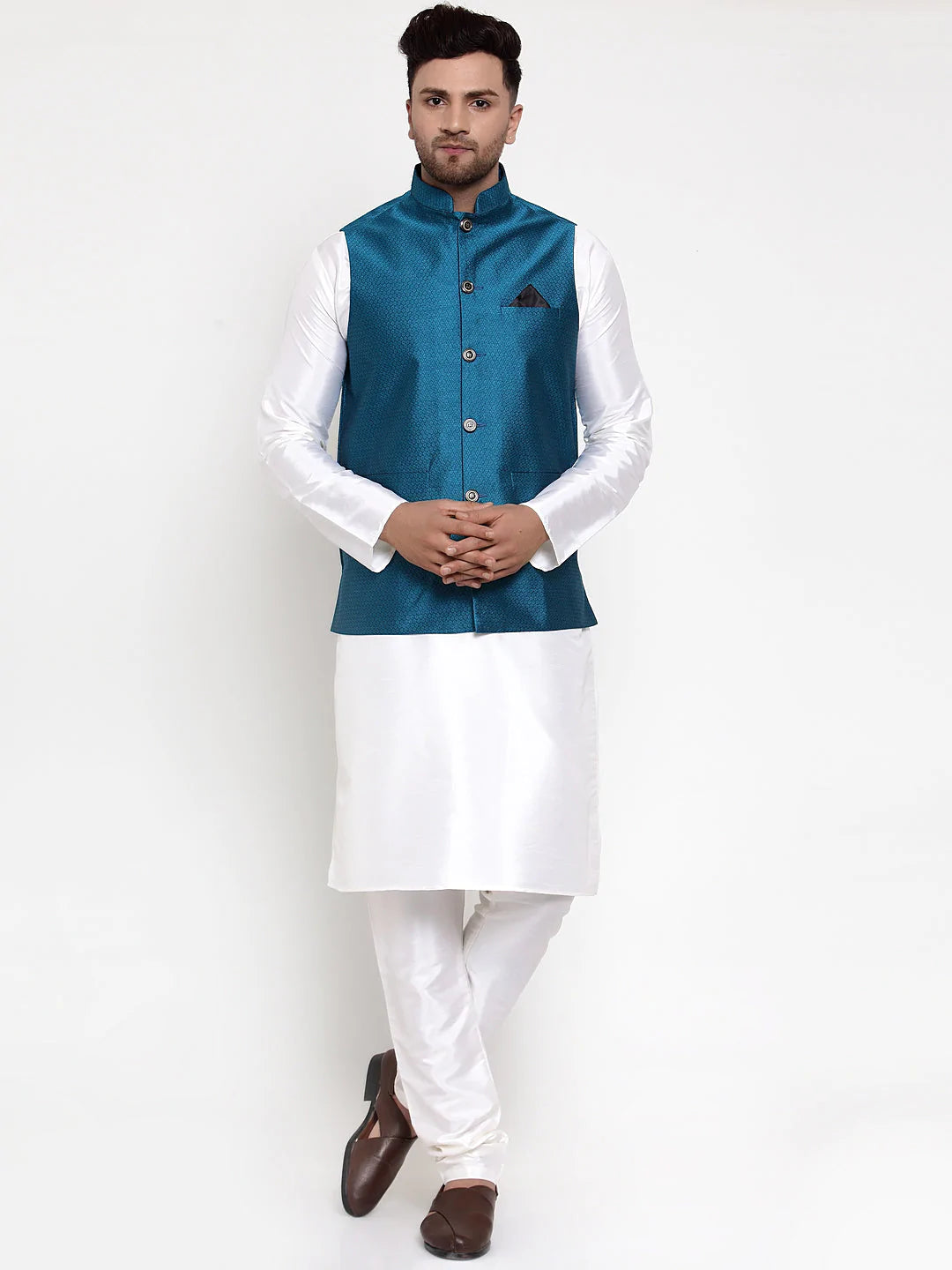 Jompers Men's Solid Dupion Kurta Pajama with Woven Nehru Jacket ( JOKPWC OW-D 4017Blue )