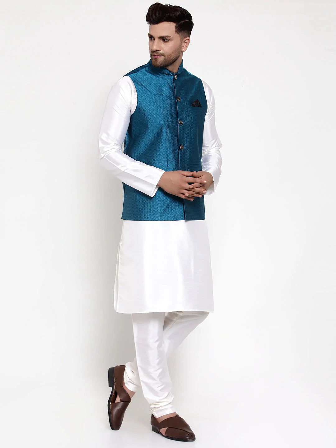 Jompers Men's Solid Dupion Kurta Pajama with Woven Nehru Jacket ( JOKPWC OW-D 4017Blue )