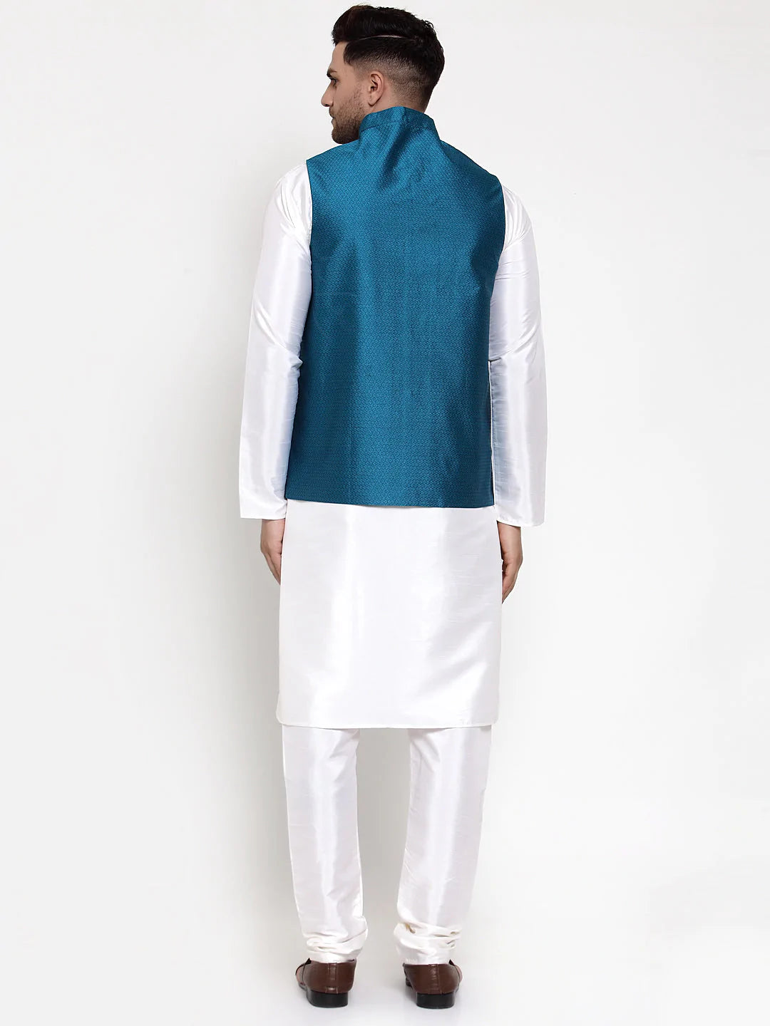 Jompers Men's Solid Dupion Kurta Pajama with Woven Nehru Jacket ( JOKPWC OW-D 4017Blue )