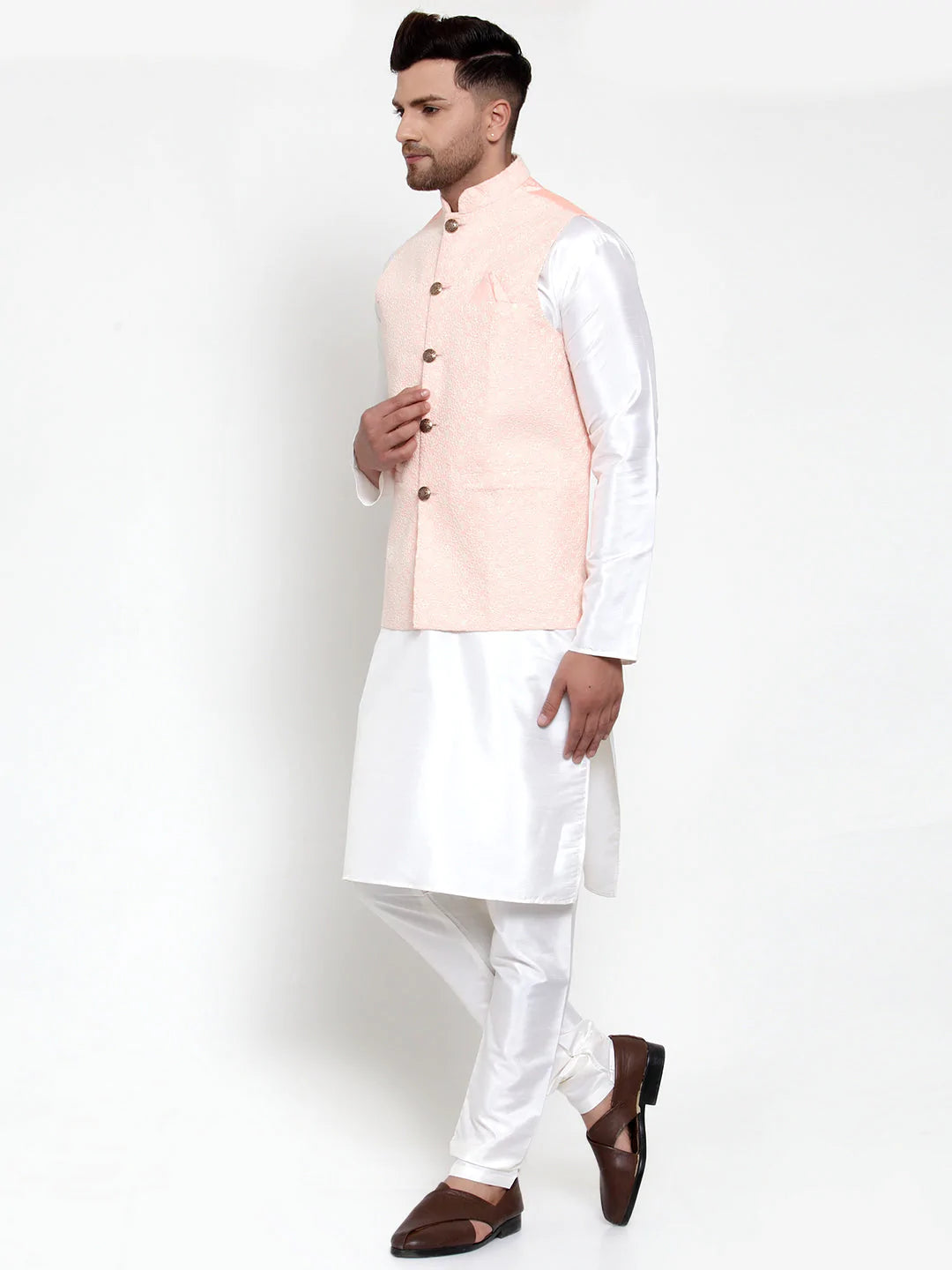 Jompers Men's Solid Dupion Kurta Pajama with Embroiderd Nehru Jacket ( JOKPWC OW-D 4018Pink )