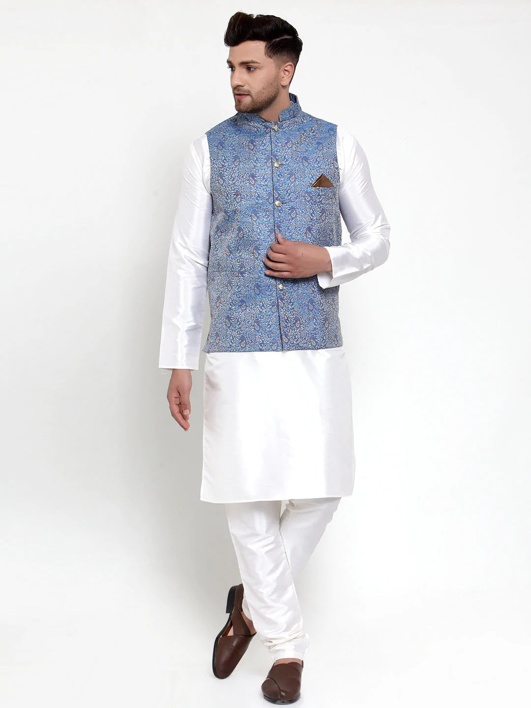 Jompers Men's Solid Dupion Kurta Pajama with Woven Jacqaurd Nehru Jacket ( JOKPWC OW-D 4020Blue )