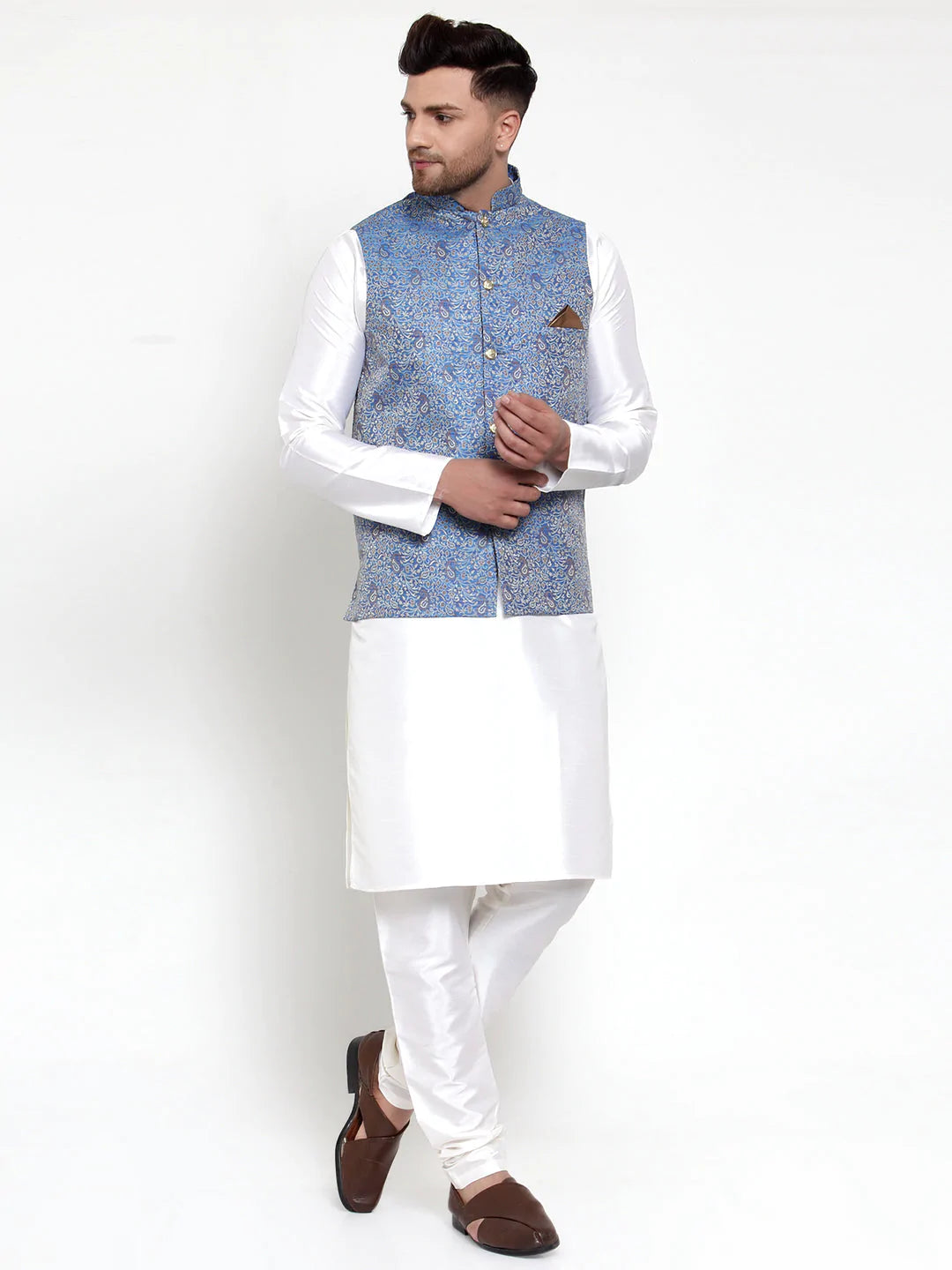 Jompers Men's Solid Dupion Kurta Pajama with Woven Jacqaurd Nehru Jacket ( JOKPWC OW-D 4020Blue )