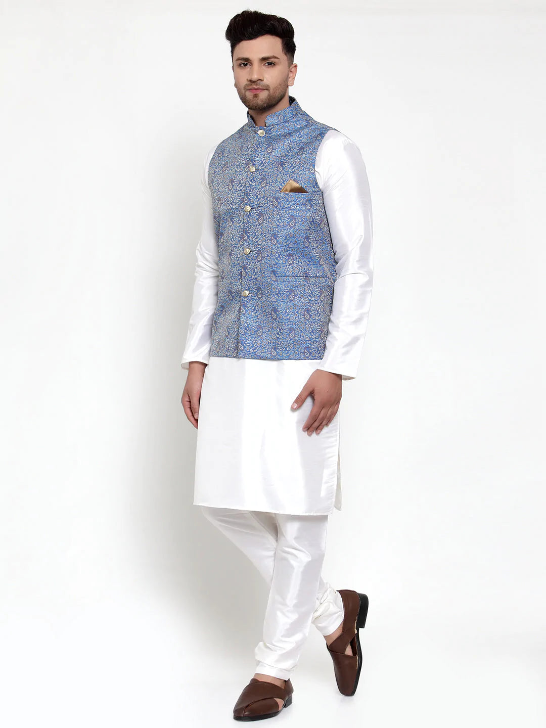 Jompers Men's Solid Dupion Kurta Pajama with Woven Jacqaurd Nehru Jacket ( JOKPWC OW-D 4020Blue )