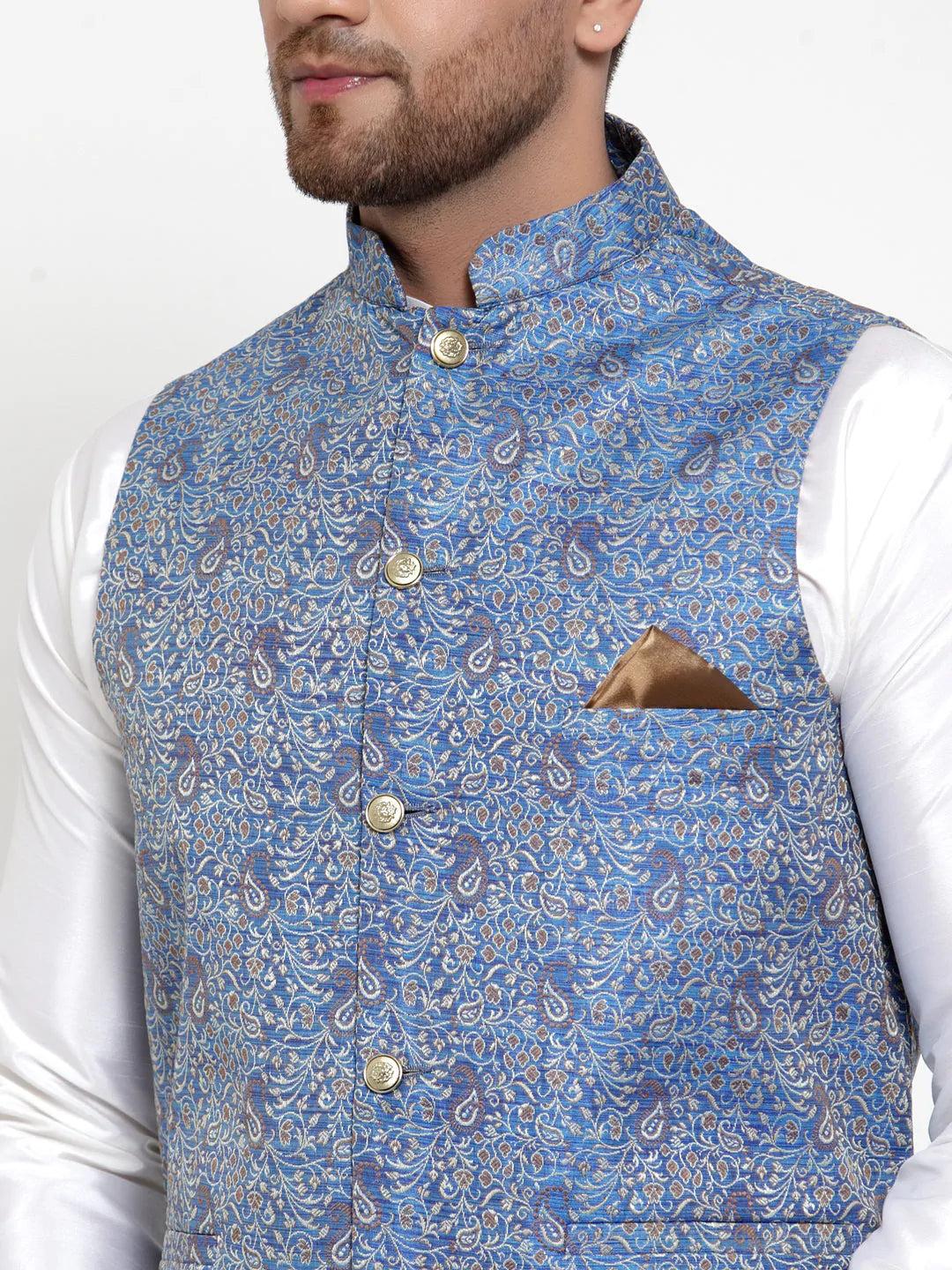 Jompers Men's Solid Dupion Kurta Pajama with Woven Jacqaurd Nehru Jacket ( JOKPWC OW-D 4020Blue )