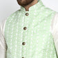 Jompers Men's Solid White Dupion Kurta Payjama with Embroidered Waistcoat ( JOKPWC OW-D 4023 Green )