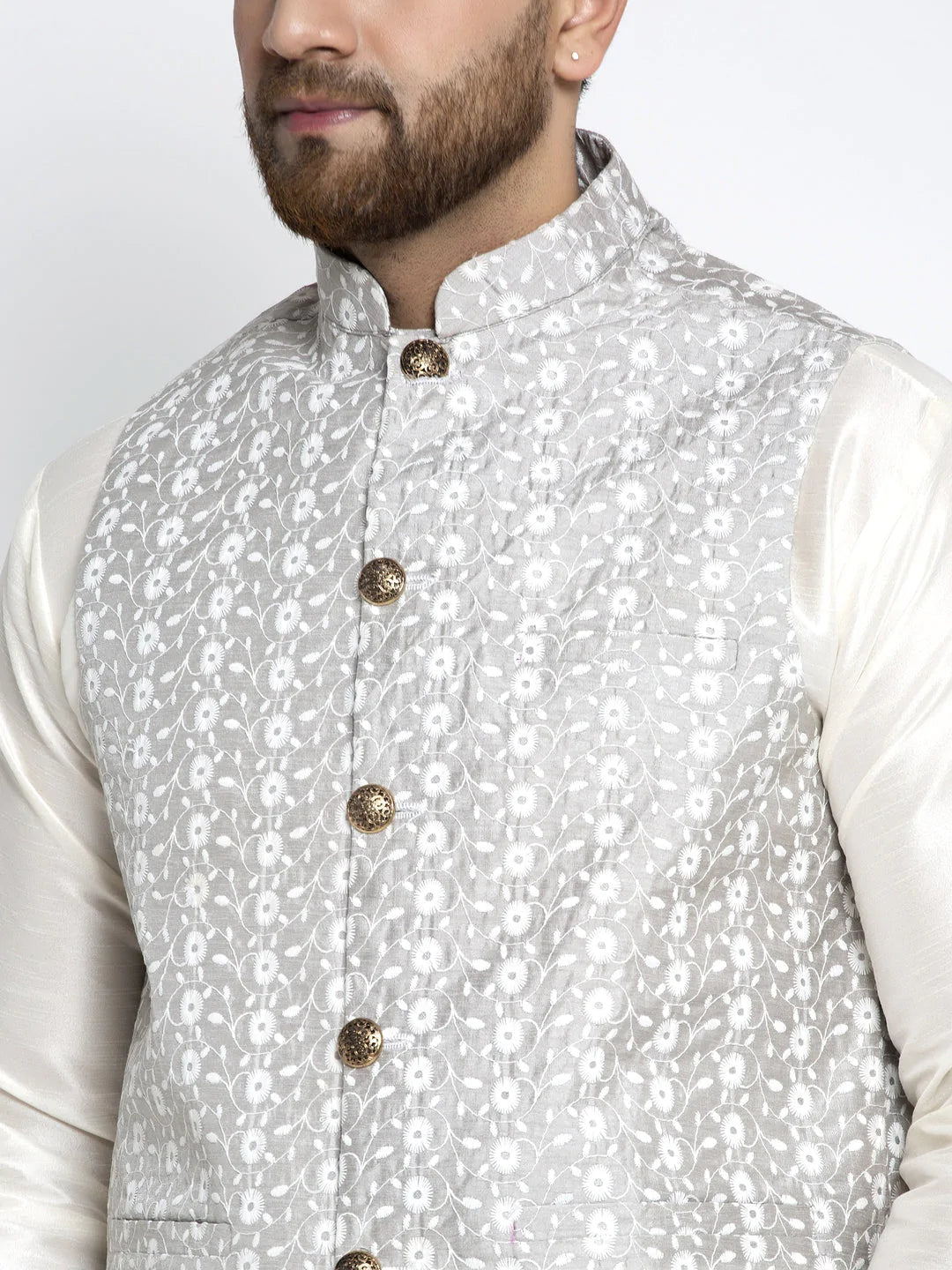 Jompers Men's Solid White Dupion Kurta Payjama with Embroidered Waistcoat ( JOKPWC OW-D 4023 Grey )