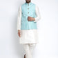 Jompers Men's Solid White Dupion Kurta Payjama with Embroidered Waistcoat ( JOKPWC OW-D 4023 Sky )