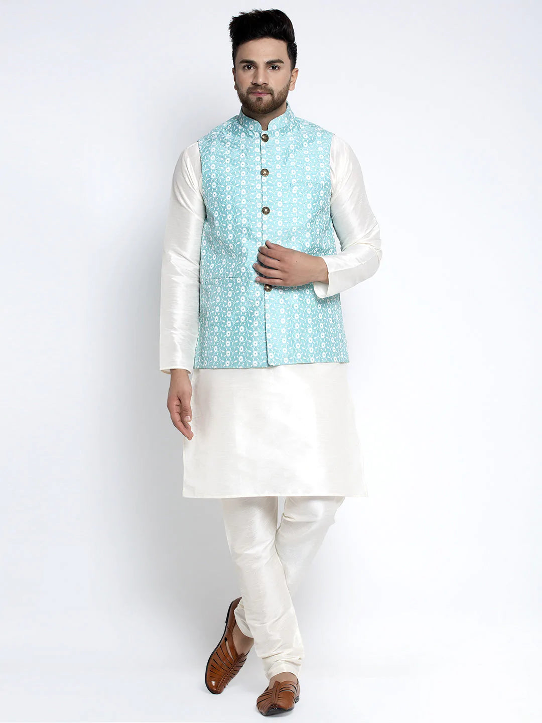 Jompers Men's Solid White Dupion Kurta Payjama with Embroidered Waistcoat ( JOKPWC OW-D 4023 Sky )