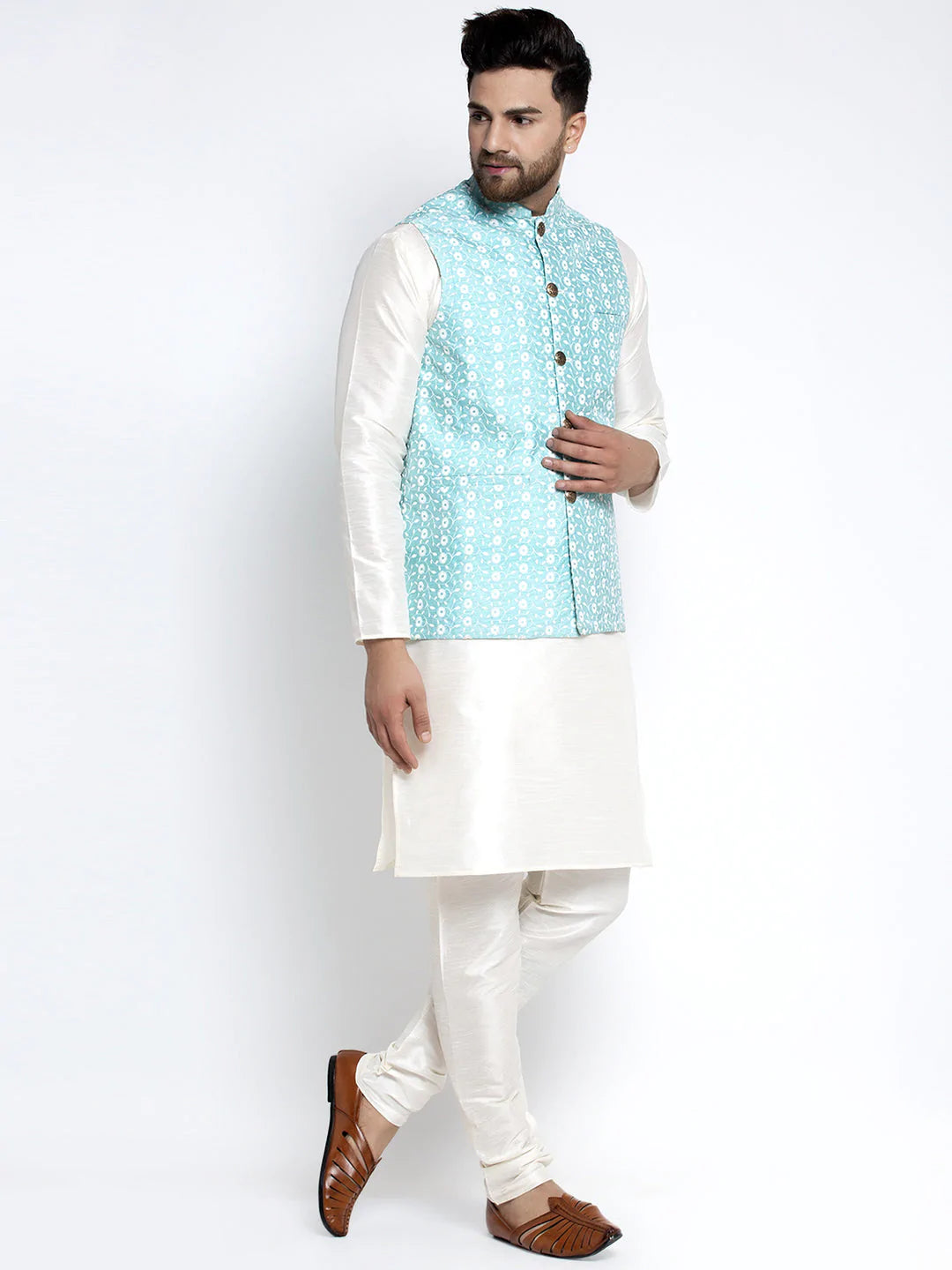 Jompers Men's Solid White Dupion Kurta Payjama with Embroidered Waistcoat ( JOKPWC OW-D 4023 Sky )