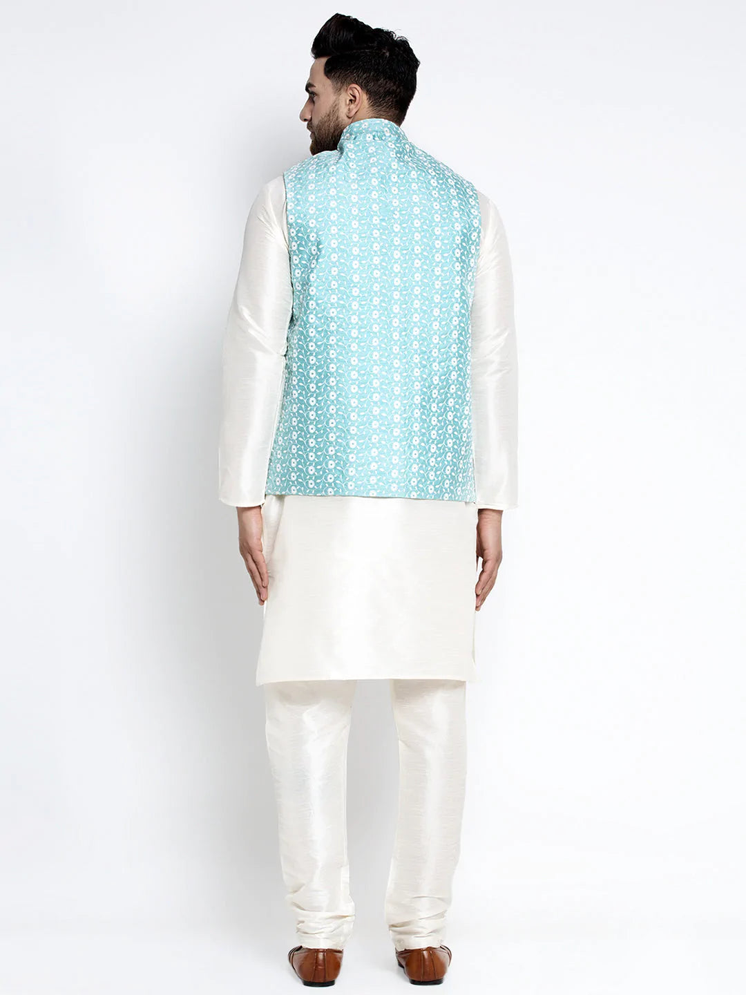 Jompers Men's Solid White Dupion Kurta Payjama with Embroidered Waistcoat ( JOKPWC OW-D 4023 Sky )