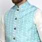 Jompers Men's Solid White Dupion Kurta Payjama with Embroidered Waistcoat ( JOKPWC OW-D 4023 Sky )