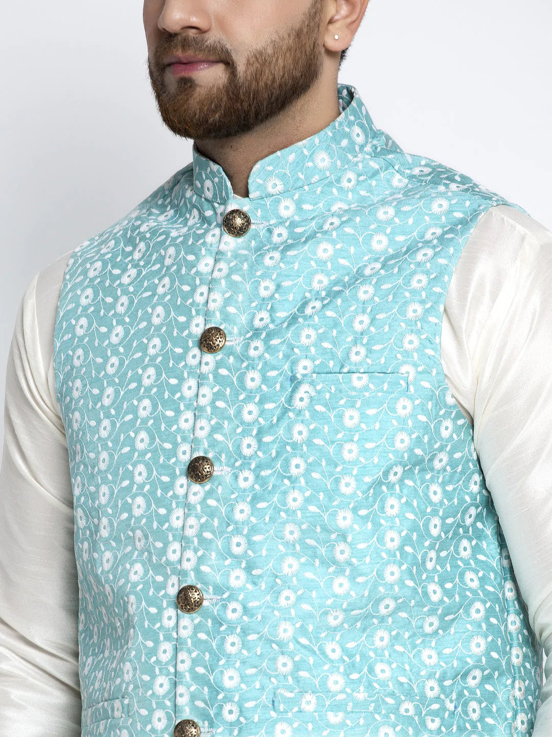 Jompers Men's Solid White Dupion Kurta Payjama with Embroidered Waistcoat ( JOKPWC OW-D 4023 Sky )