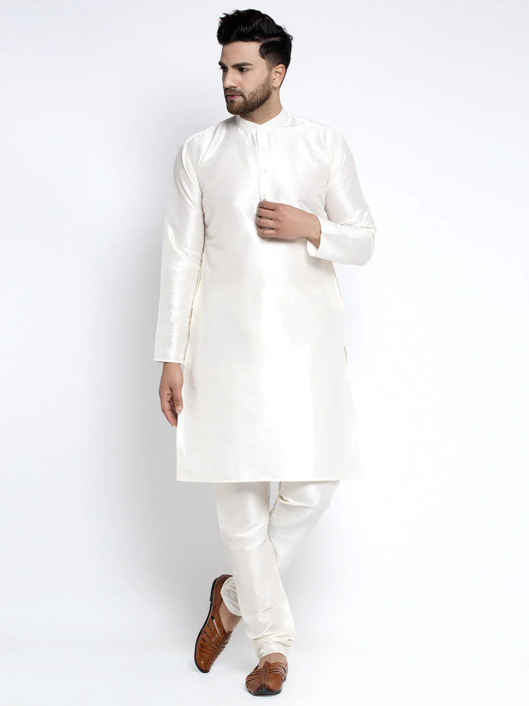 Jompers Men's Solid White Dupion Kurta Payjama with Embroidered Waistcoat ( JOKPWC OW-D 4023 Sky )