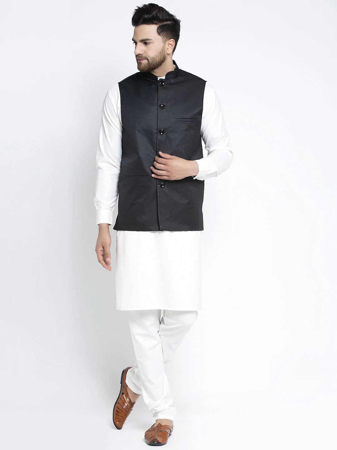 Jompers Men's Solid White Cotton Kurta Payjama with Solid Black Waistcoat ( JOKPWC OW-F 4021 Black )