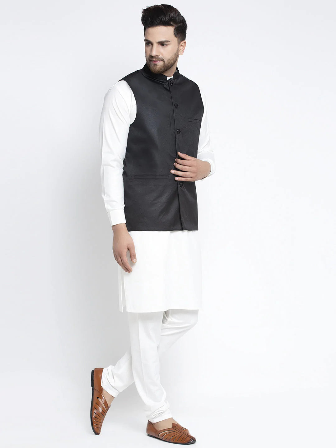 Jompers Men's Solid White Cotton Kurta Payjama with Solid Black Waistcoat ( JOKPWC OW-F 4021 Black )