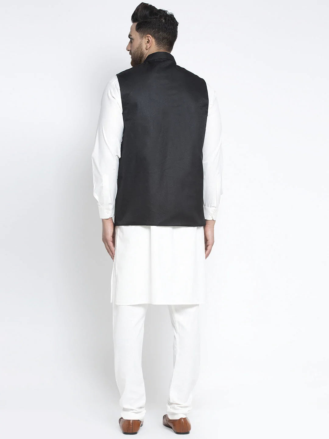 Jompers Men's Solid White Cotton Kurta Payjama with Solid Black Waistcoat ( JOKPWC OW-F 4021 Black )