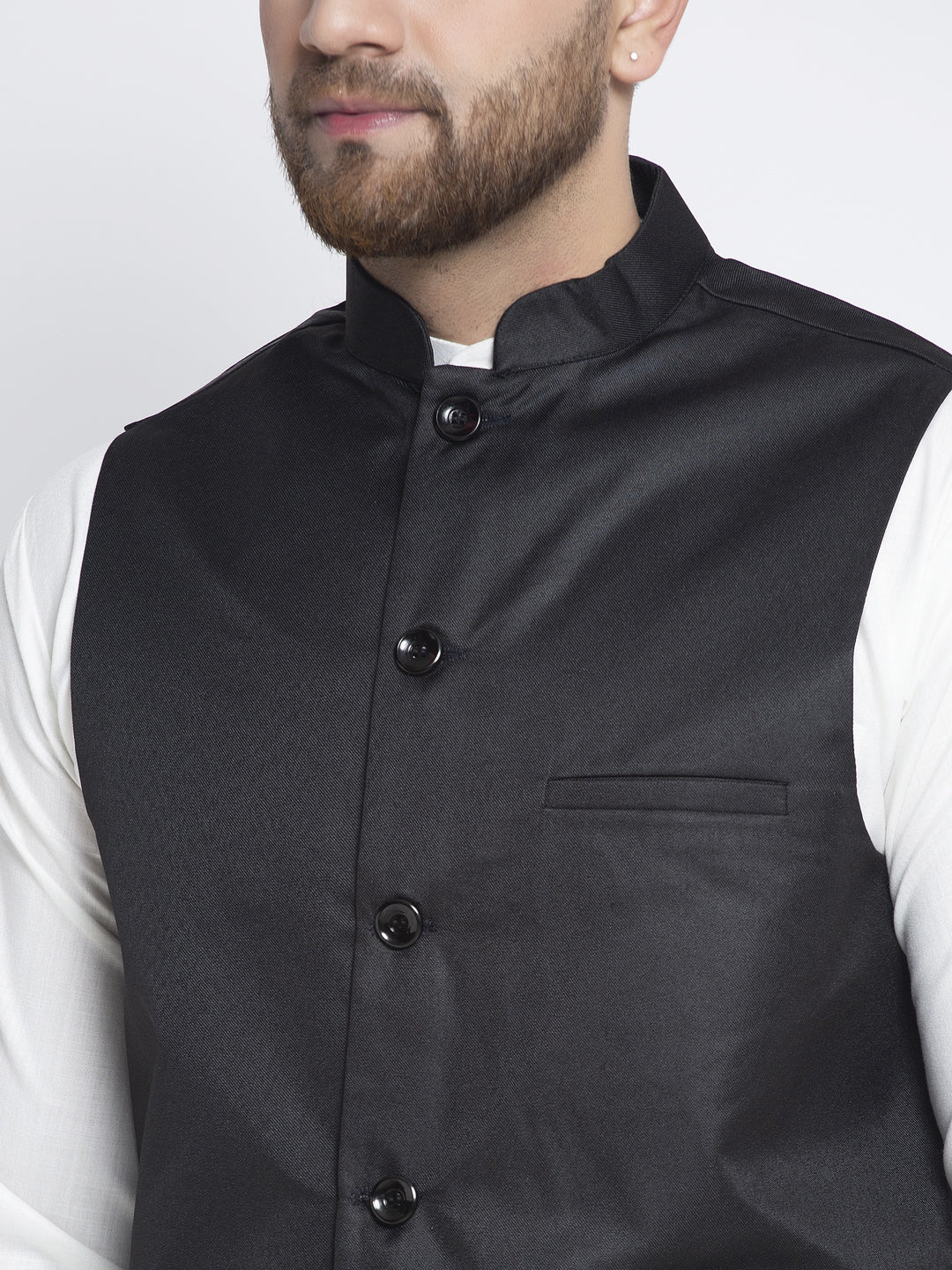 Jompers Men's Solid White Cotton Kurta Payjama with Solid Black Waistcoat ( JOKPWC OW-F 4021 Black )